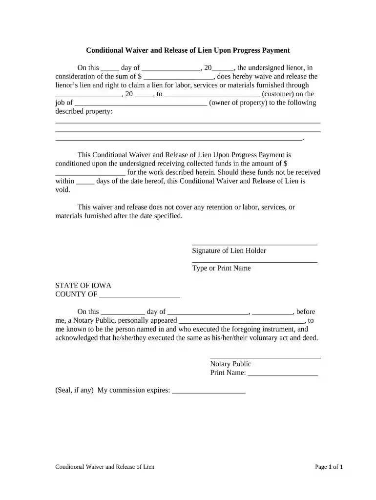 Conditional Waiver and Release of Lien Upon Progress Payment - Iowa Preview on Page 1