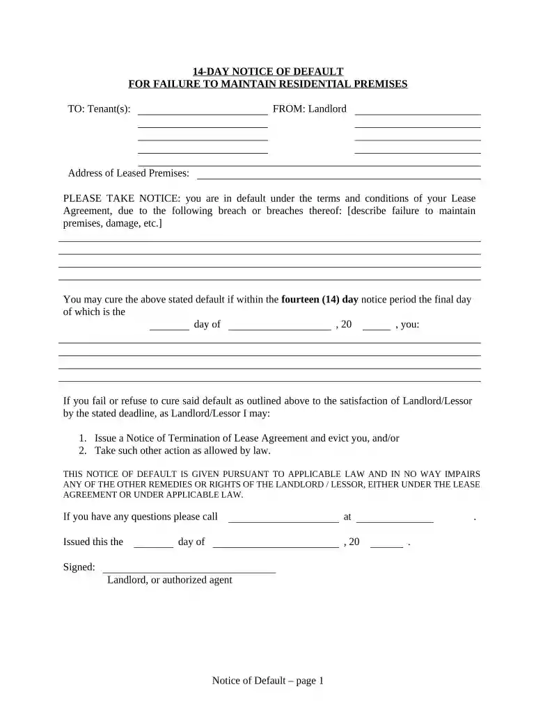14 day notice to landlord for repairs template Preview on Page 1