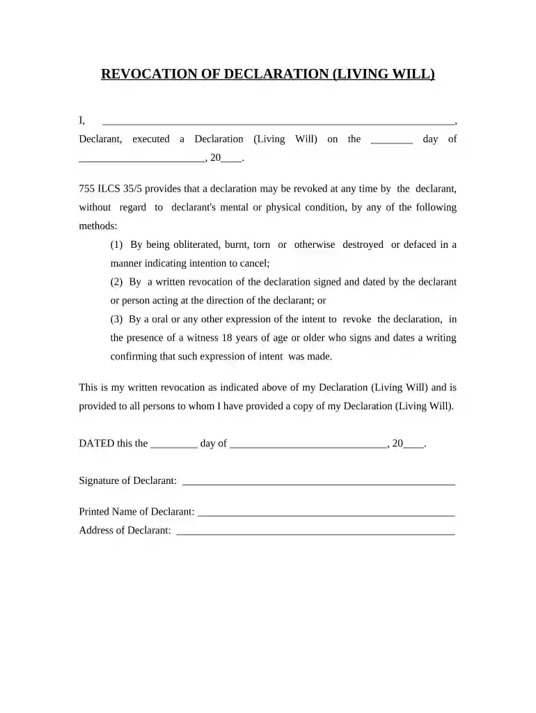 Revocation of Statutory Equivalent of Living Will or Declaration - Illinois Preview on Page 1