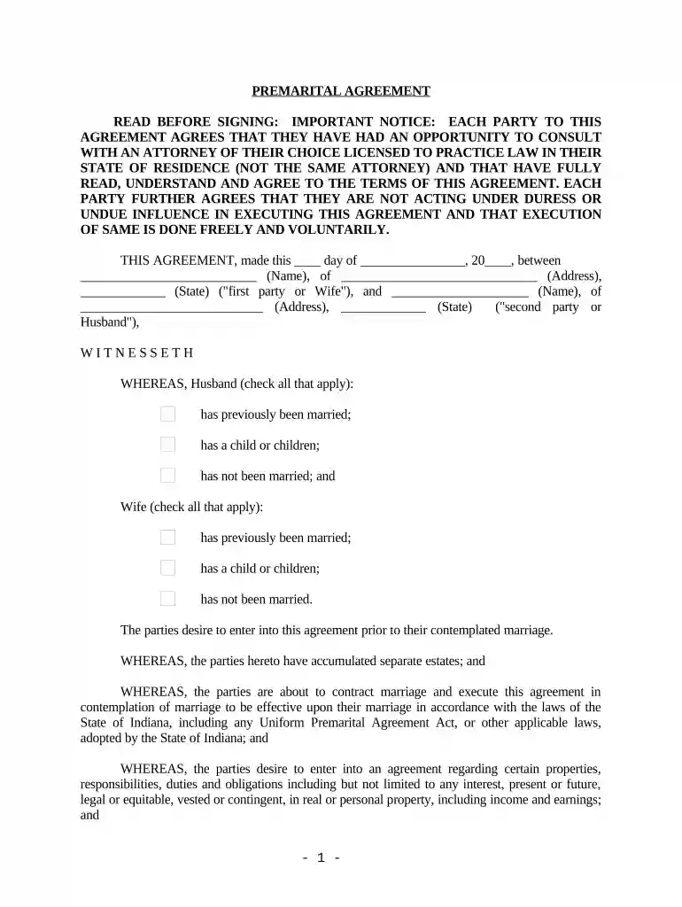 indiana prenuptial agreement template Preview on Page 1