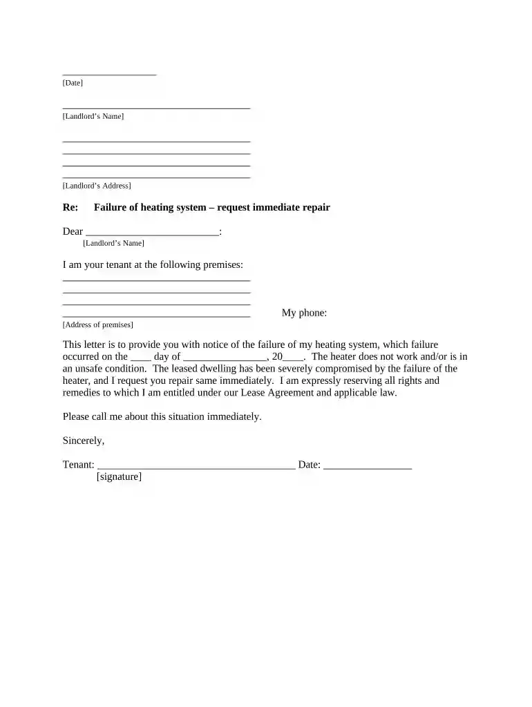 Letter from Tenant to Landlord containing Notice that heater is broken, unsafe or inadequate and demand for immediate remedy - Indiana Preview on Page 1