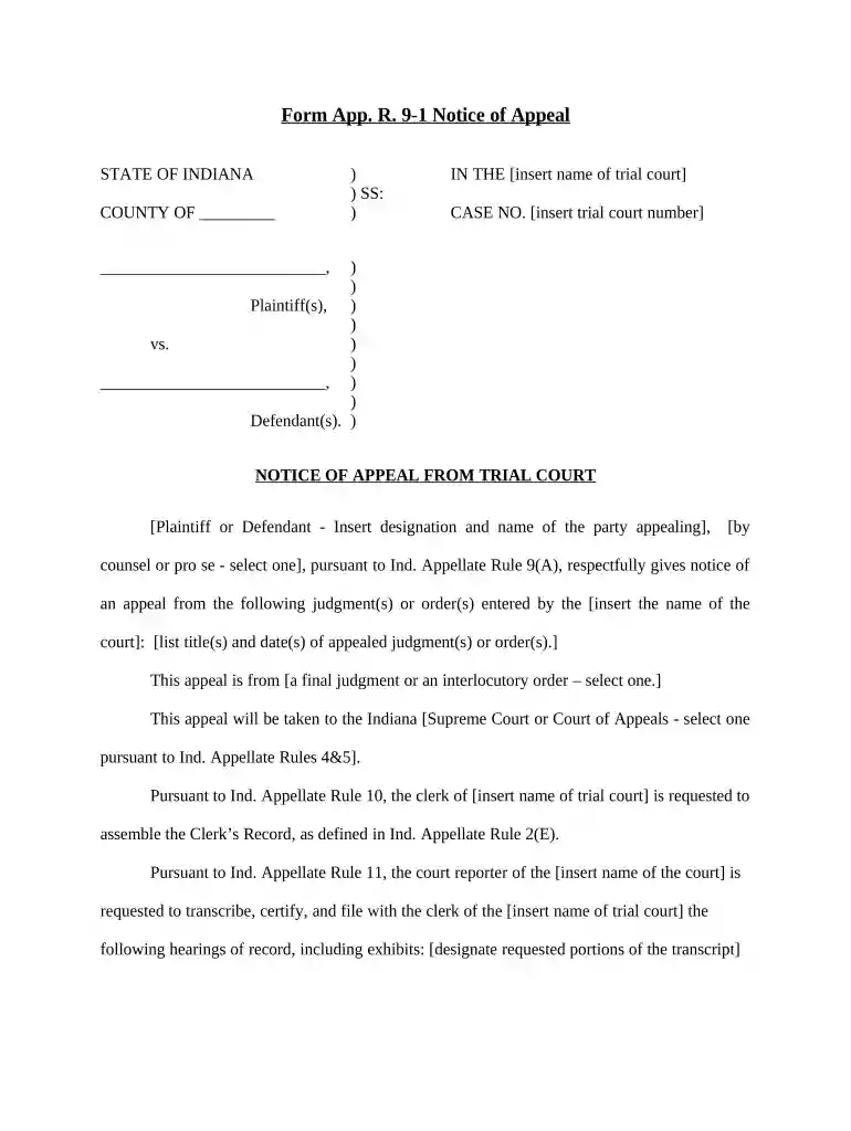 indiana notice of appeal form Preview on Page 1