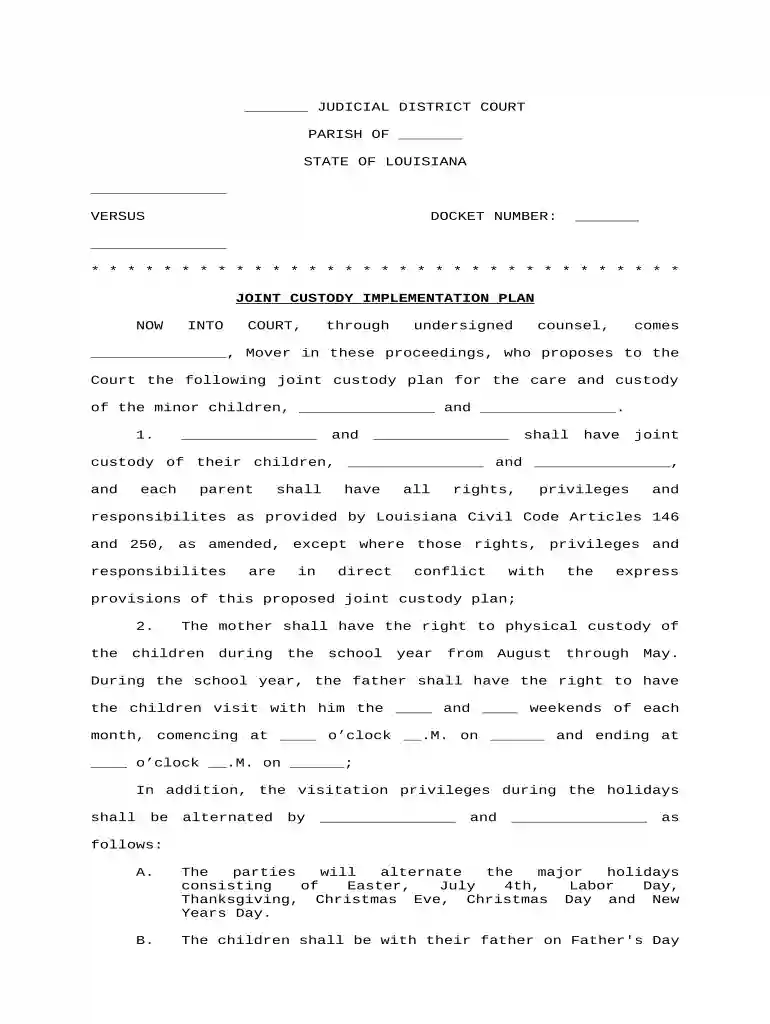 louisiana joint custody implementation plan Preview on Page 1