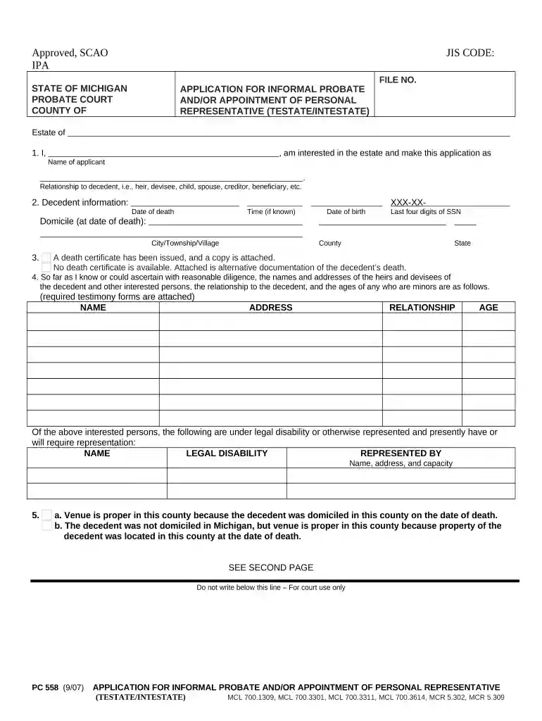 application probate personal form Preview on Page 1