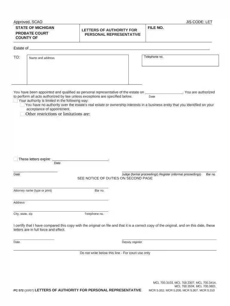 letters of authority for personal representative michigan Preview on Page 1