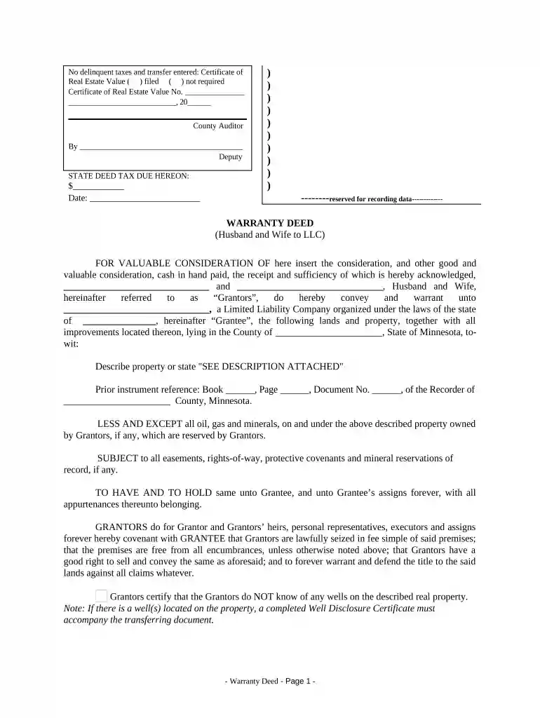 Warranty Deed from Husband and Wife to LLC - Minnesota Preview on Page 1