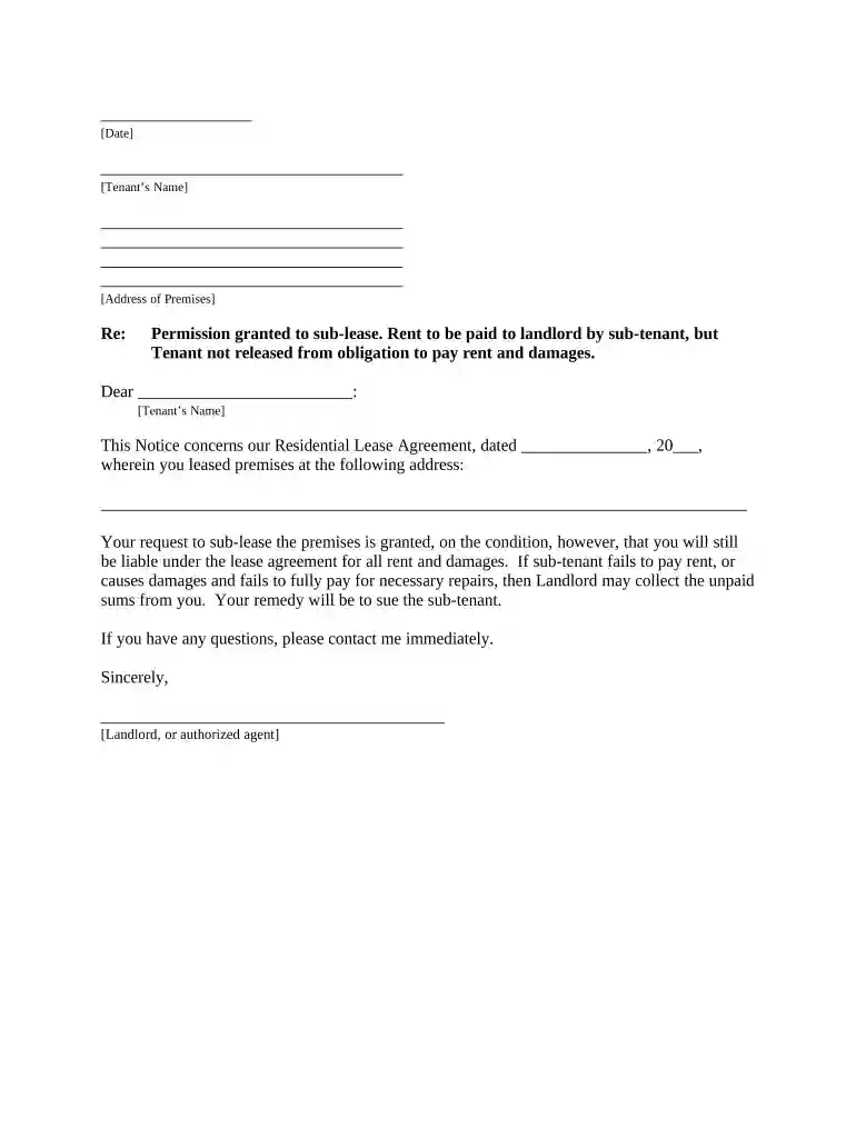 Letter from Landlord to Tenant that Sublease granted - Rent Paid by Subtenant, but Tenant Still Liable for Rent and Damages - Minnesota Preview on Page 1