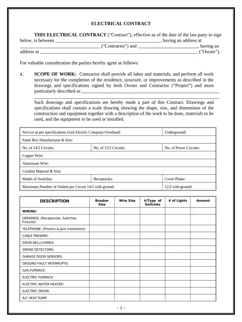 Electrical Contract for Contractor - Missouri Preview on Page 1