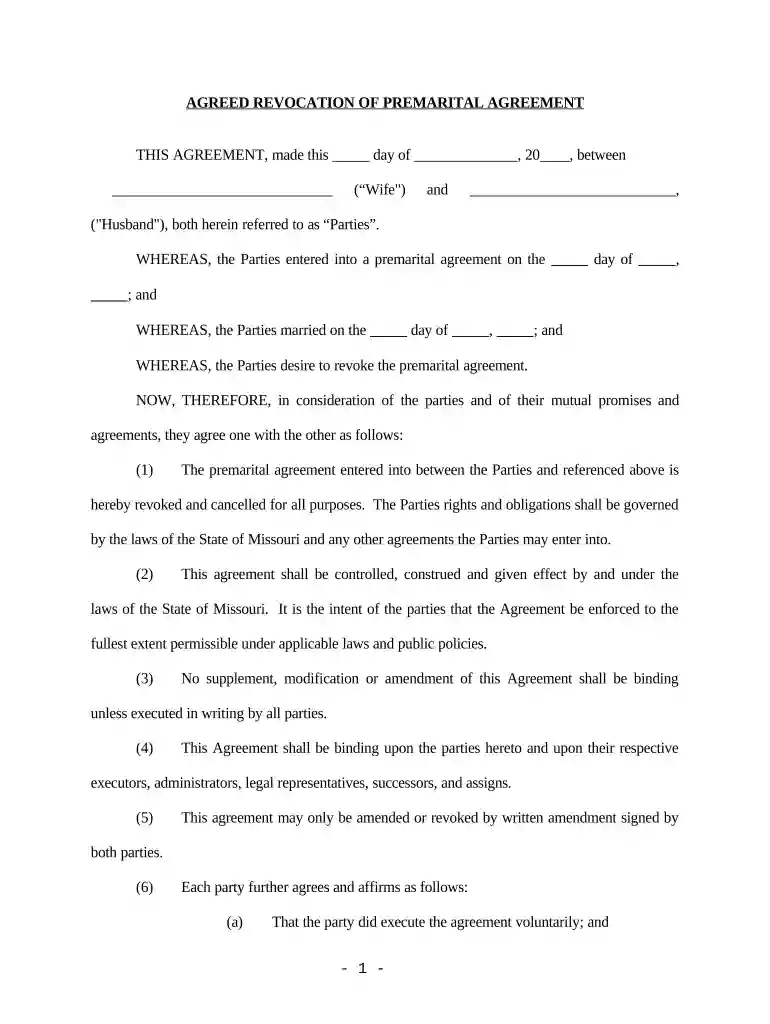 Revocation of Premarital or Prenuptial Agreement - Missouri Preview on Page 1