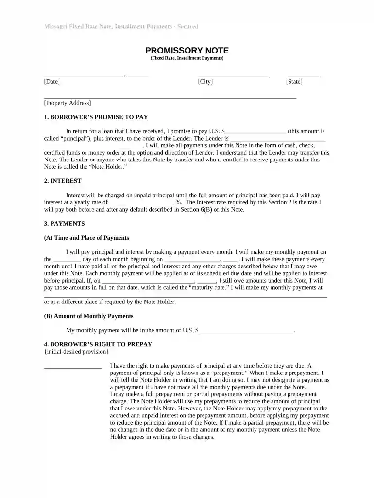 missouri promissory note Preview on Page 1