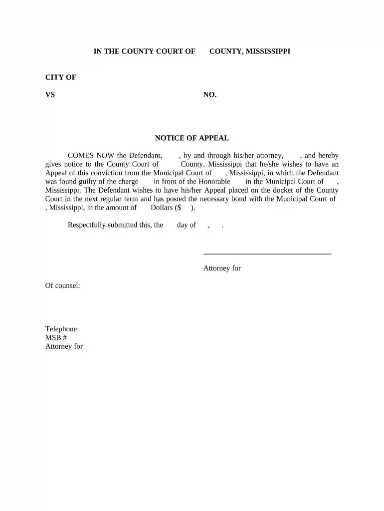 mississippi notice of appeal form Preview on Page 1