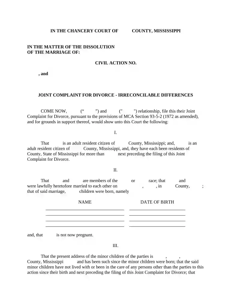 joint complaint for divorce mississippi Preview on Page 1