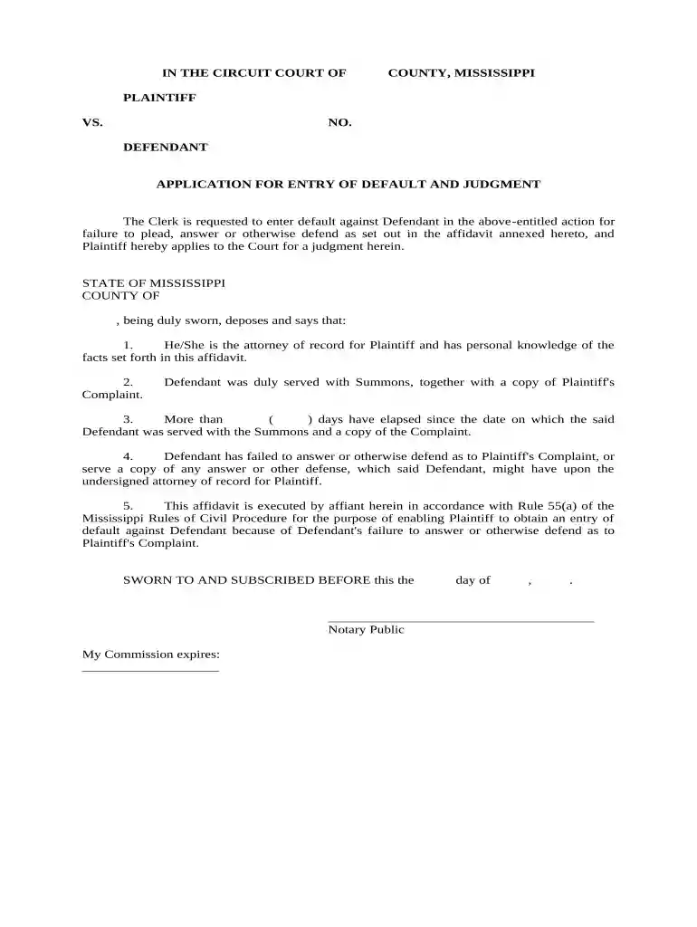Application for Entry of Default Judgment - Mississippi Preview on Page 1