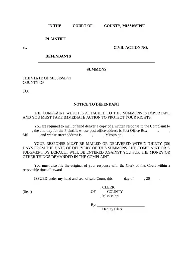 mississippi summons form Preview on Page 1