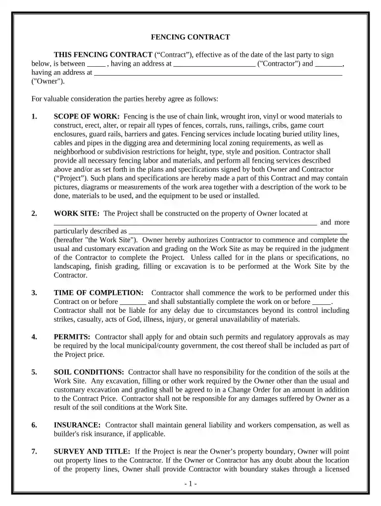 Fencing Contract for Contractor - North Dakota Preview on Page 1