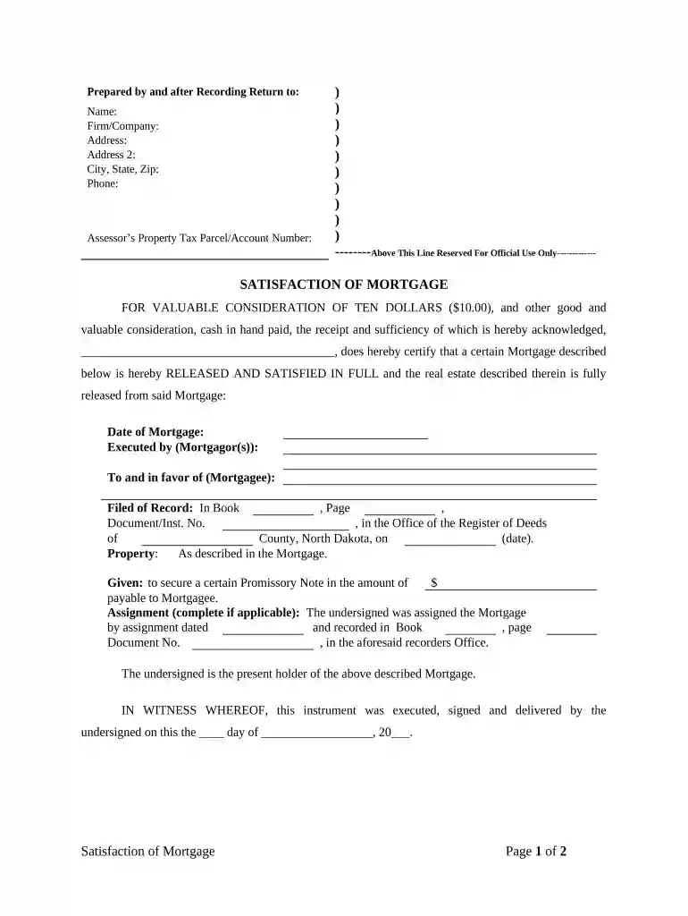 Satisfaction, Release or Cancellation of Mortgage by Individual - North Dakota Preview on Page 1