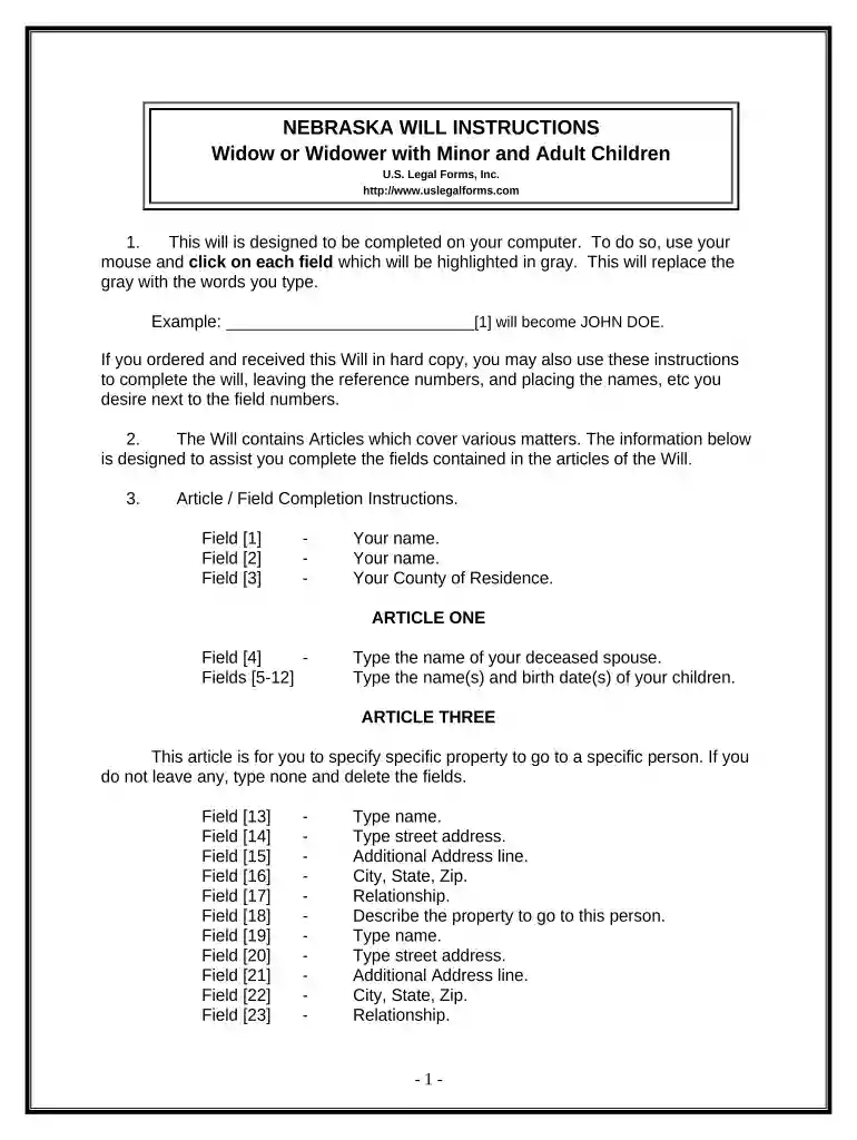 Legal Last Will and Testament Form for a Widow or Widower with Adult and Minor Children - Nebraska Preview on Page 1