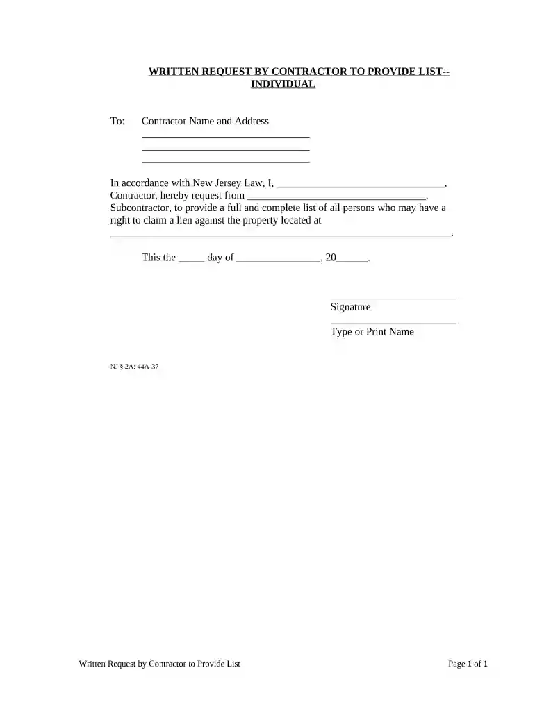 Written Request by Contractor to Provide List - Mechanic Liens - Individual - New Jersey Preview on Page 1