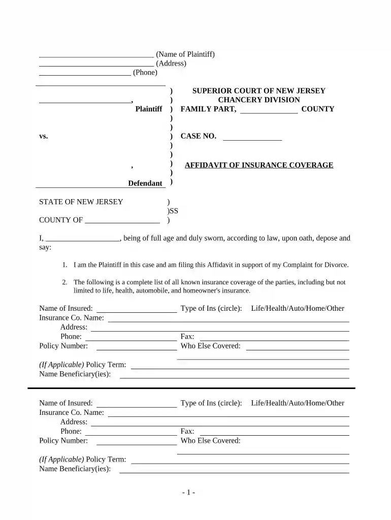 affidavit of insurance coverage Preview on Page 1