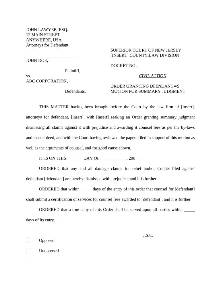 new jersey motion for summary judgment sample Preview on Page 1