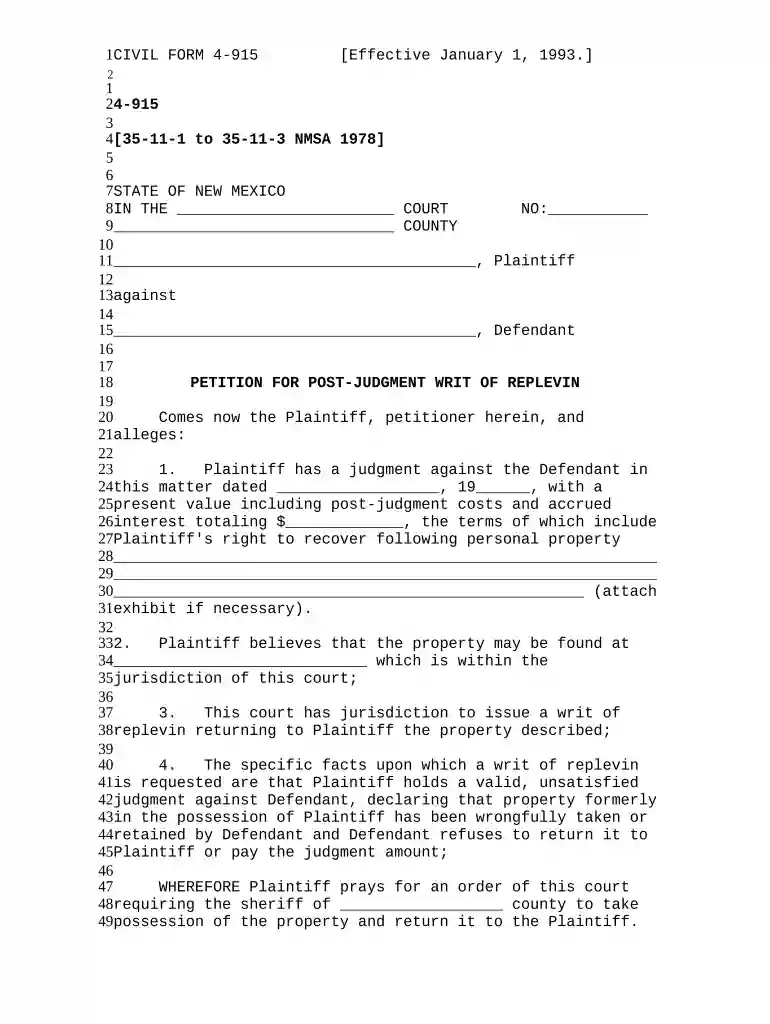 writ of replevin Preview on Page 1