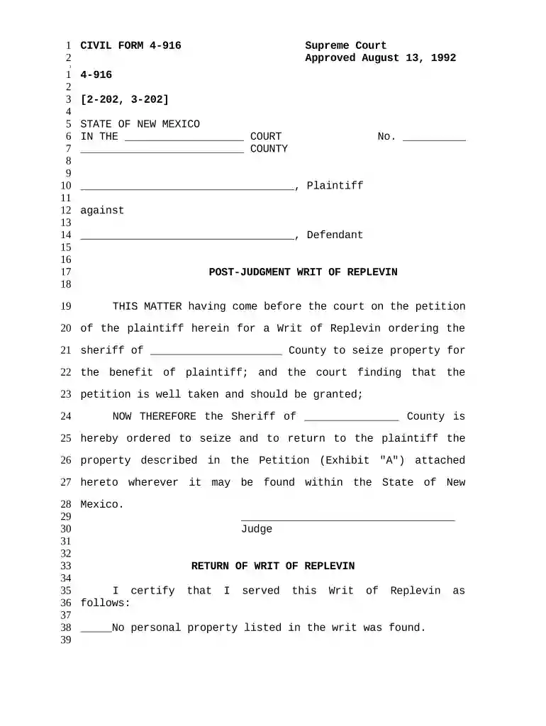 writ of replevin Preview on Page 1