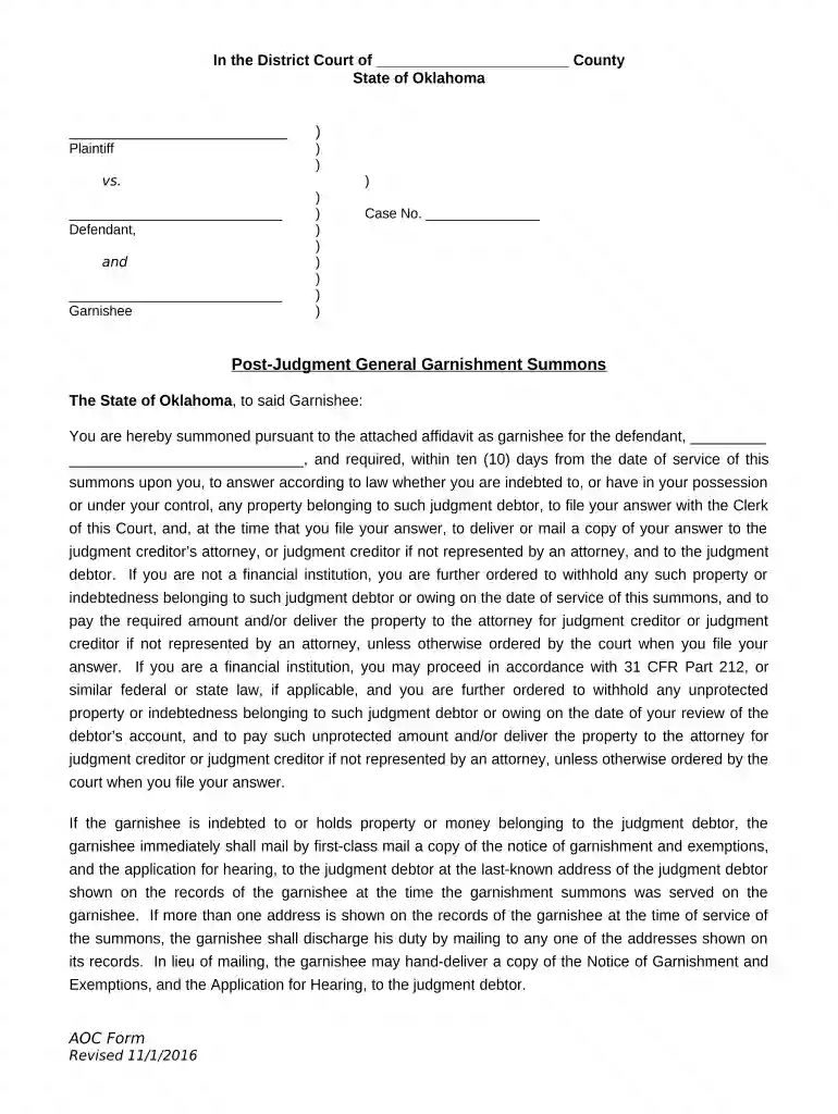 oklahoma summons form Preview on Page 1