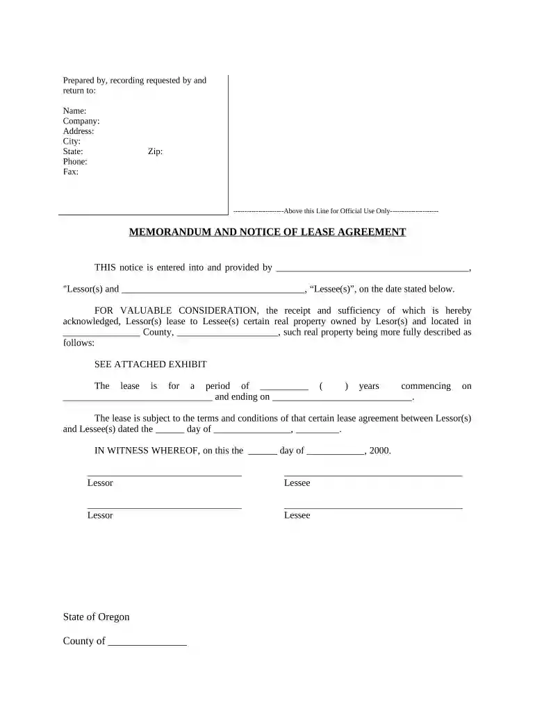 Notice of Lease for Recording - Oregon Preview on Page 1