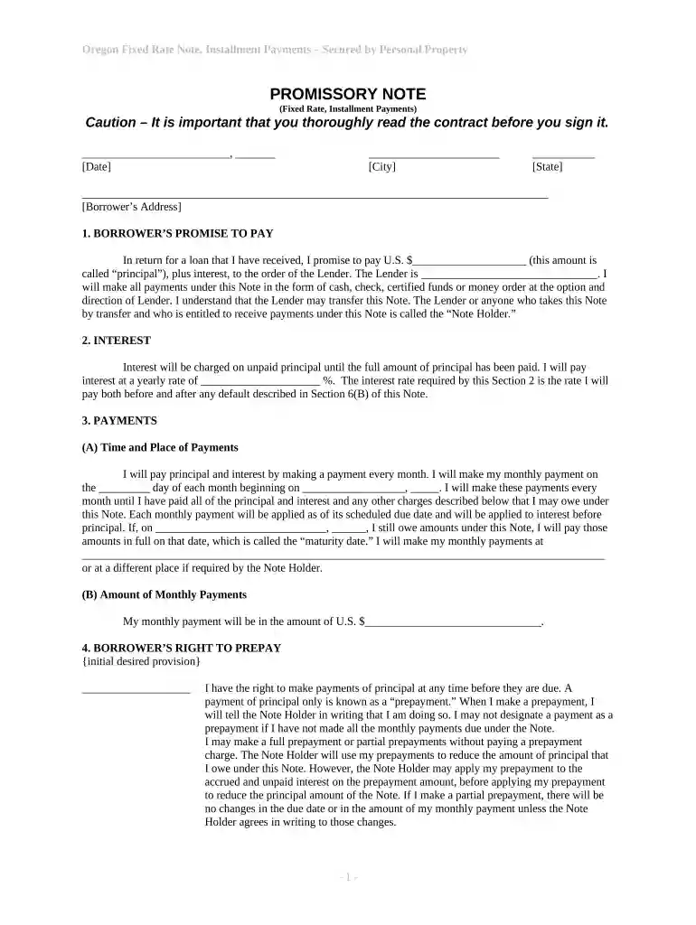 Oregon Installments Fixed Rate Promissory Note Secured by Personal Property - Oregon Preview on Page 1