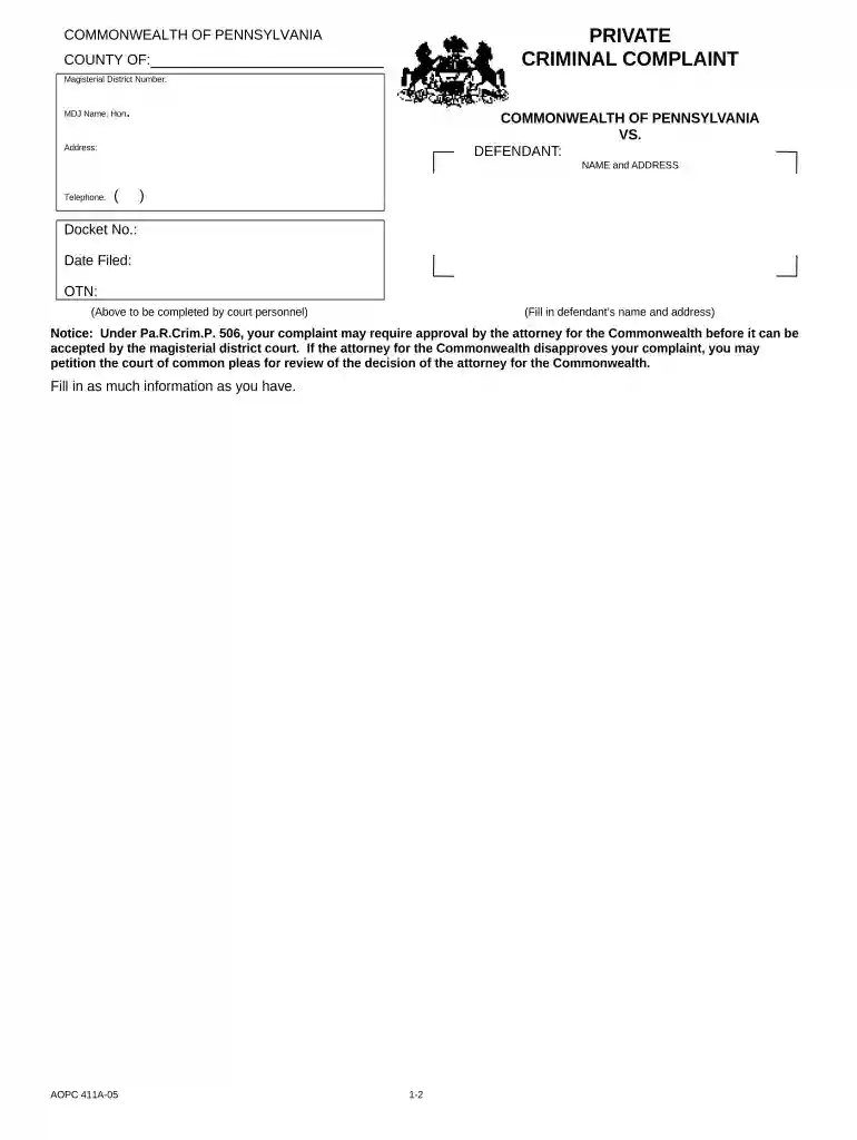 private criminal complaint Preview on Page 1