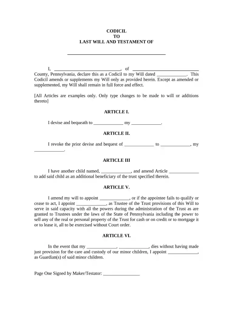 pennsylvania codicil form Preview on Page 1