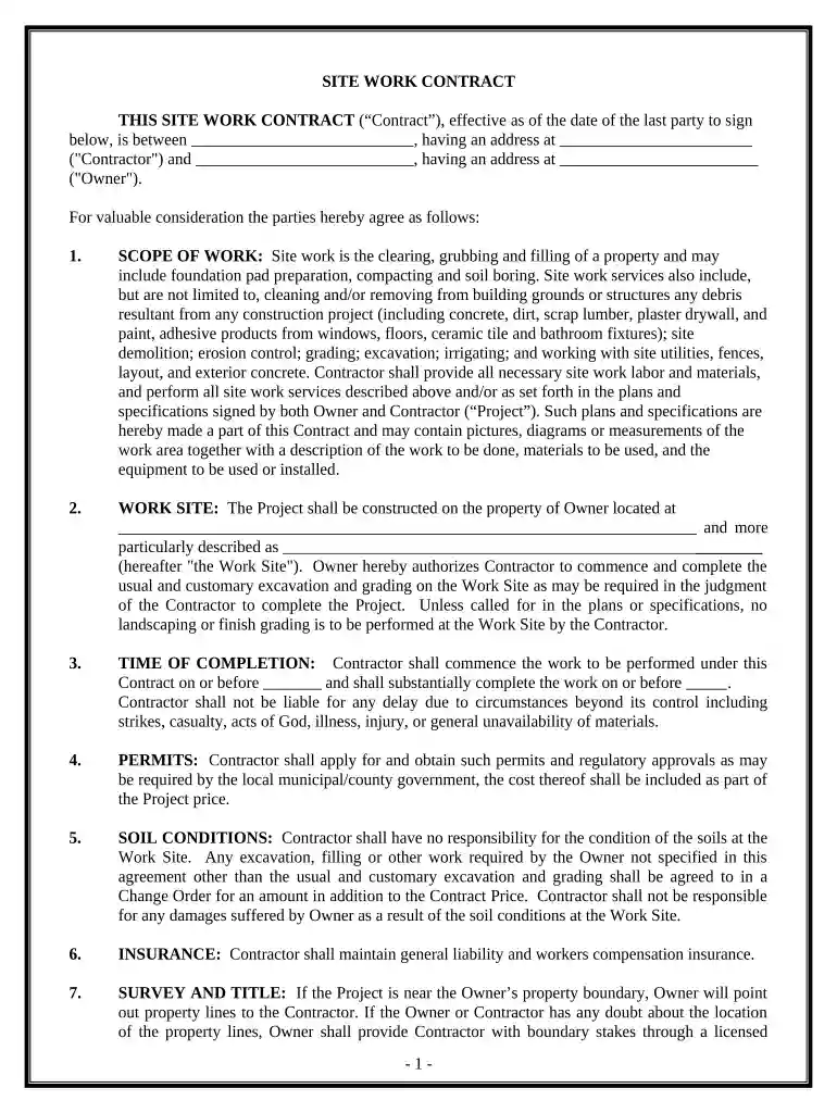 Site Work Contract for Contractor - Rhode Island Preview on Page 1