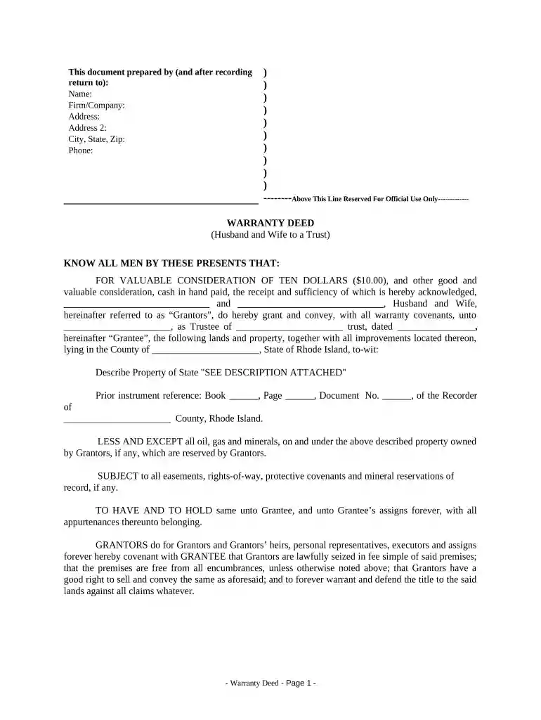 Warranty Deed from Husband and Wife to a Trust - Rhode Island Preview on Page 1