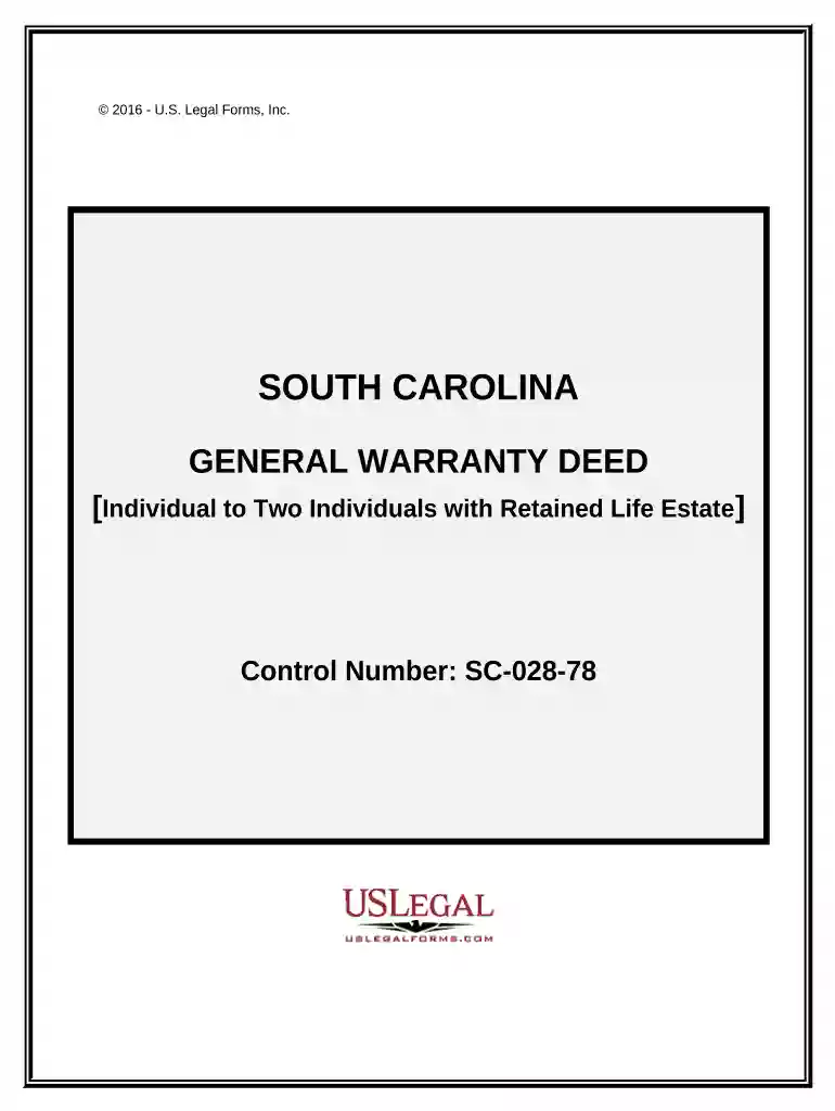 General Warranty Deed from an Individual to Two Individuals with a Retained Life Estate in Grantor - South Carolina Preview on Page 1