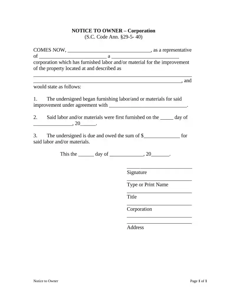 Notice to Owner by Corporation or LLC - South Carolina Preview on Page 1