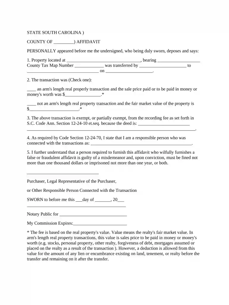 affidavit of consideration sc Preview on Page 1