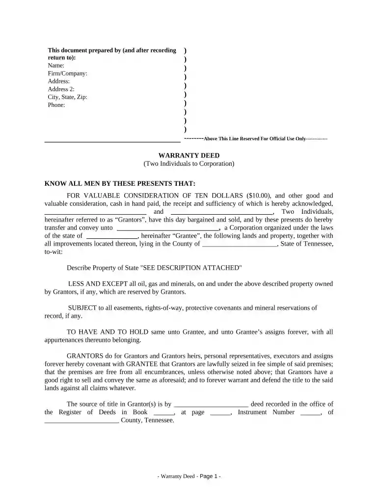 Warranty Deed from two Individuals to Corporation - Tennessee Preview on Page 1