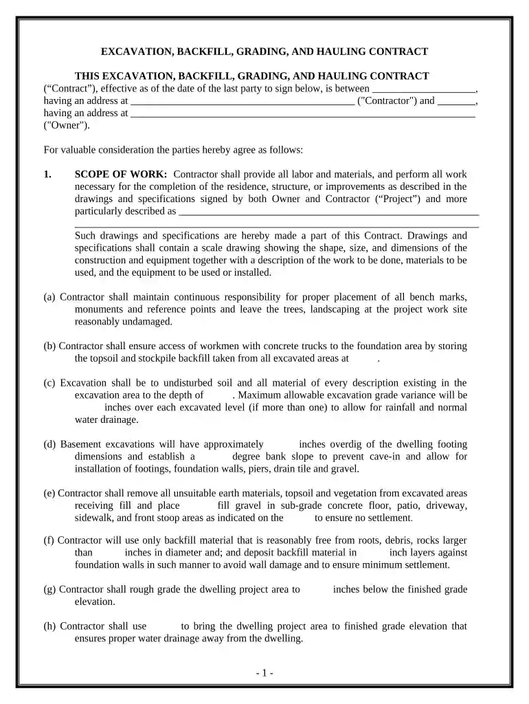 Excavator Contract for Contractor - Texas Preview on Page 1