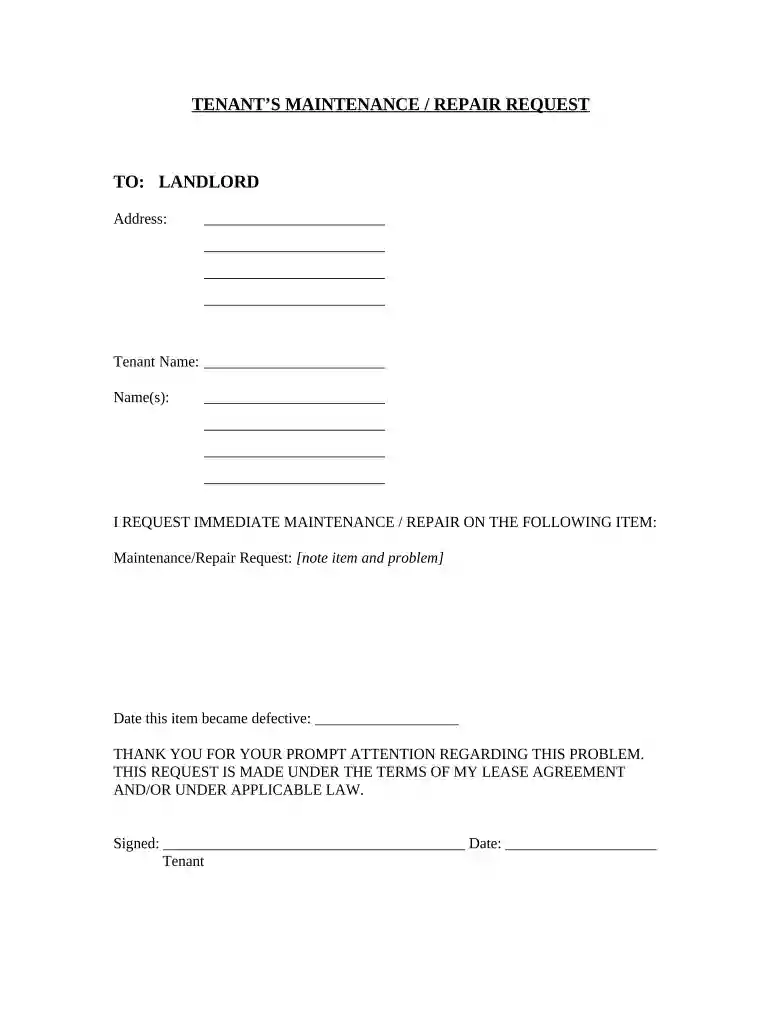 maintenance request form for tenants Preview on Page 1