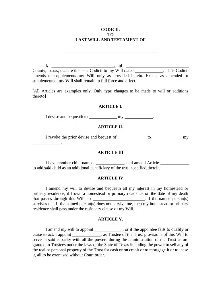 texas will codicil form Preview on Page 1