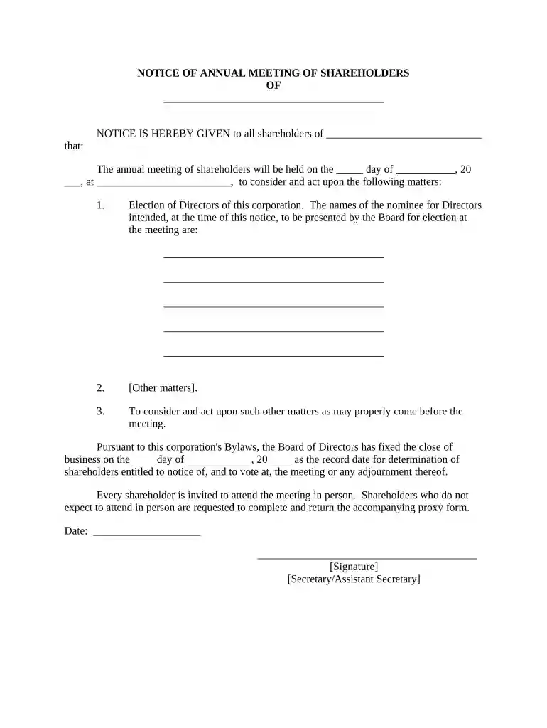 notice of annual meeting of shareholders template Preview on Page 1