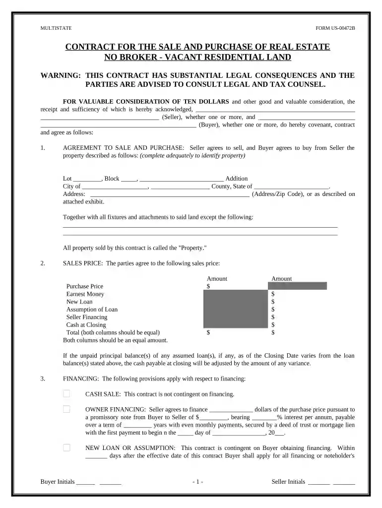 Contract for the Sale and Purchase of Real Estate - No Broker - Residential Lot or Land Preview on Page 1