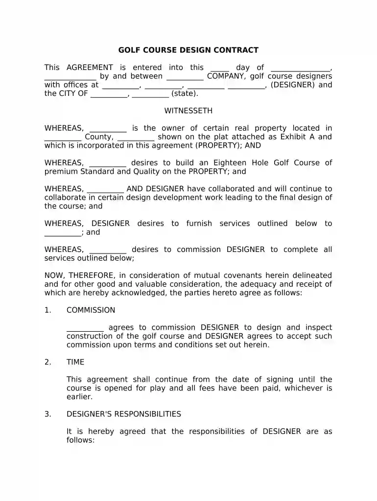Golf Course Design Contract Preview on Page 1