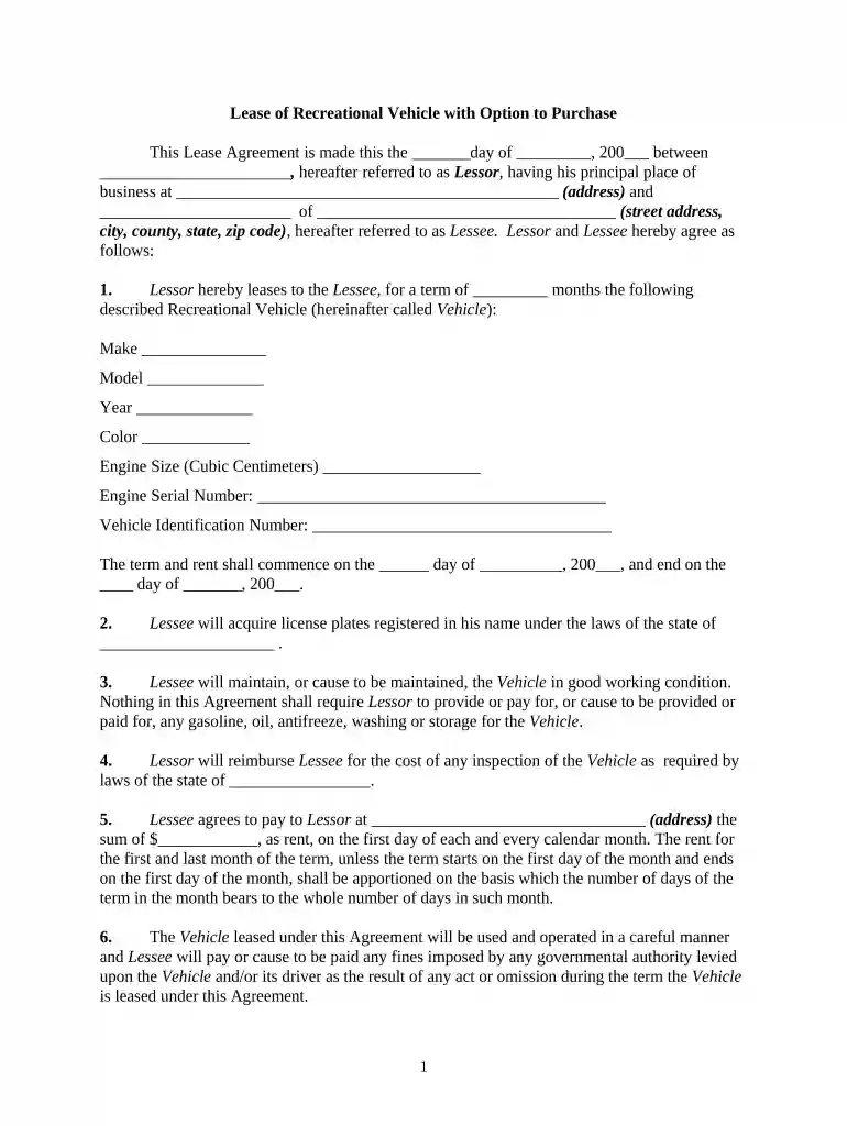 free printable rv rental agreement Preview on Page 1