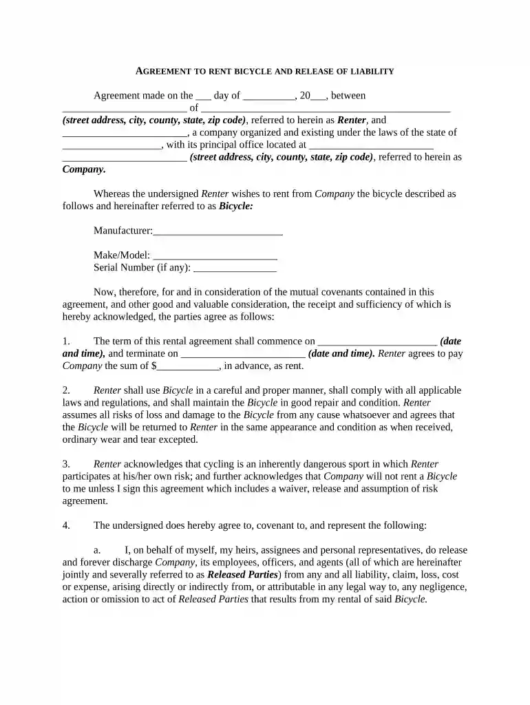 simple bike rental agreement Preview on Page 1
