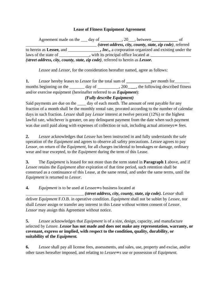 free blank equipment lease agreement Preview on Page 1