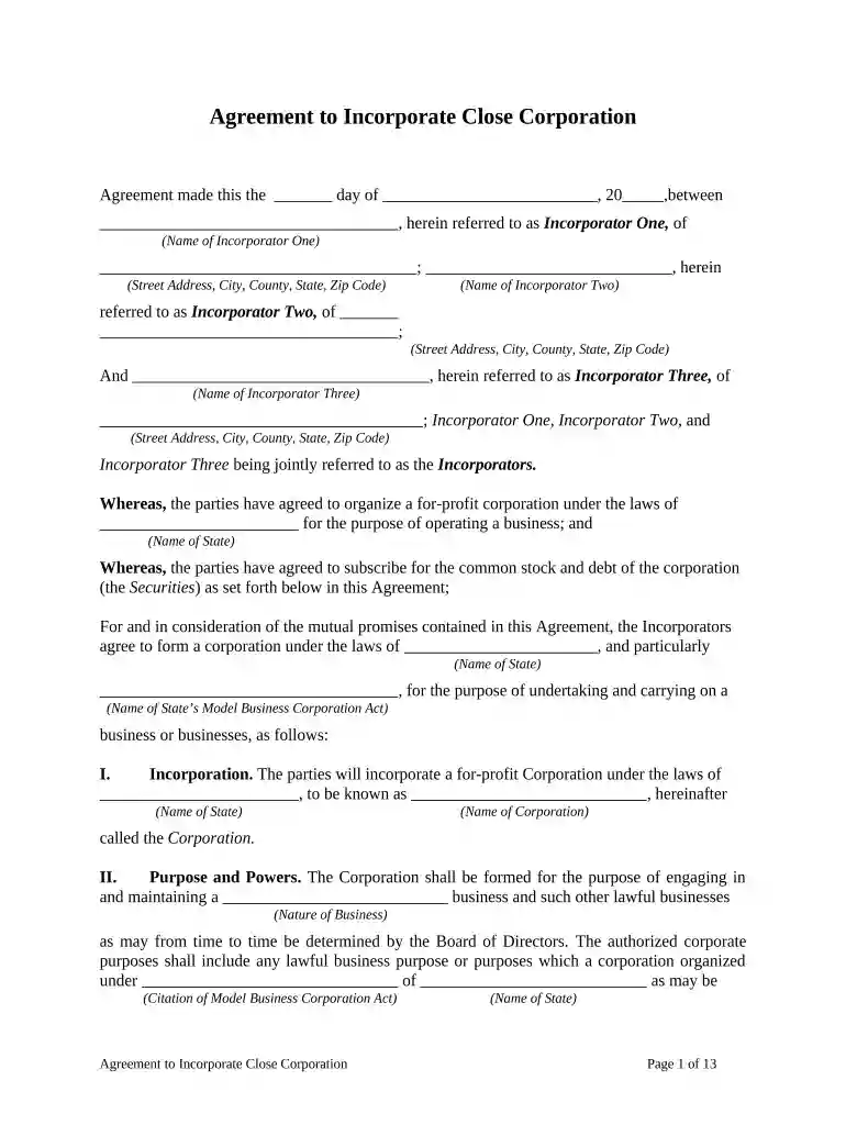 corporation agreement Preview on Page 1