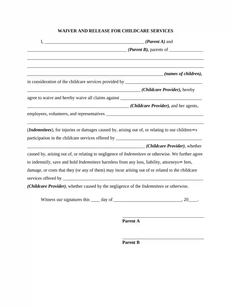 child care waiver template Preview on Page 1