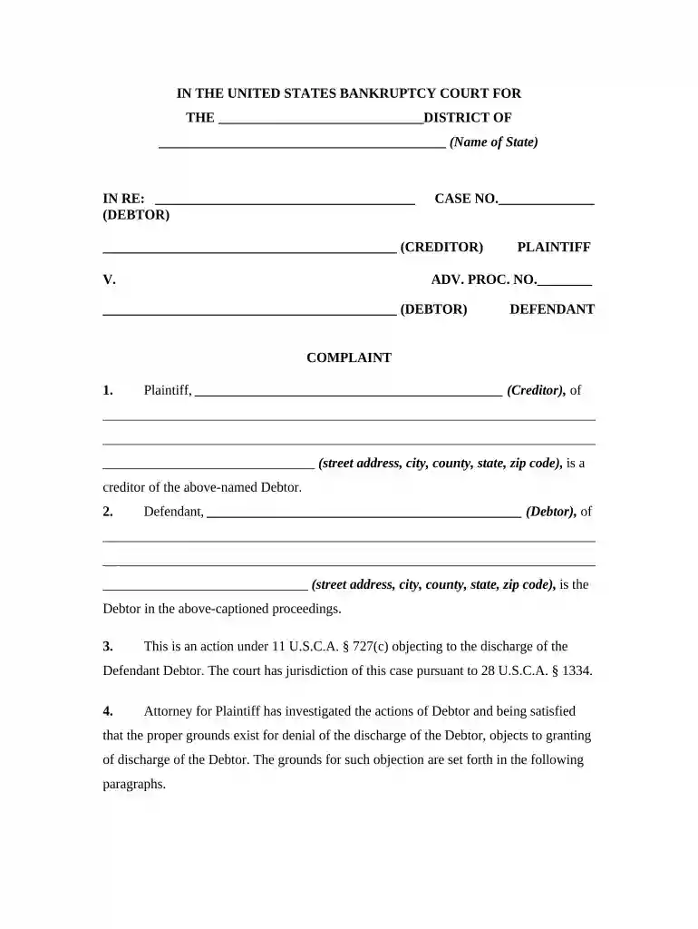 complaint to determine dischargeability of debt form Preview on Page 1