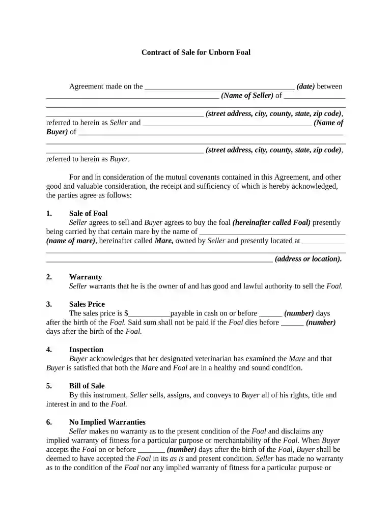 Contract of Sale for Unborn Foal Preview on Page 1